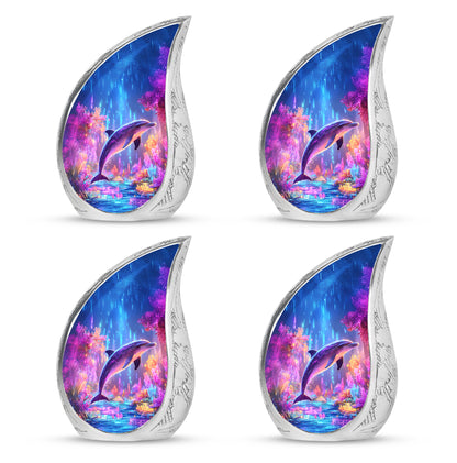 Indigo Dolphin Cremation Urn close-up of engraving and surface detail - rounded teardrop dolphin design with delicate detail - 10 inch aluminum urn for cremated remains