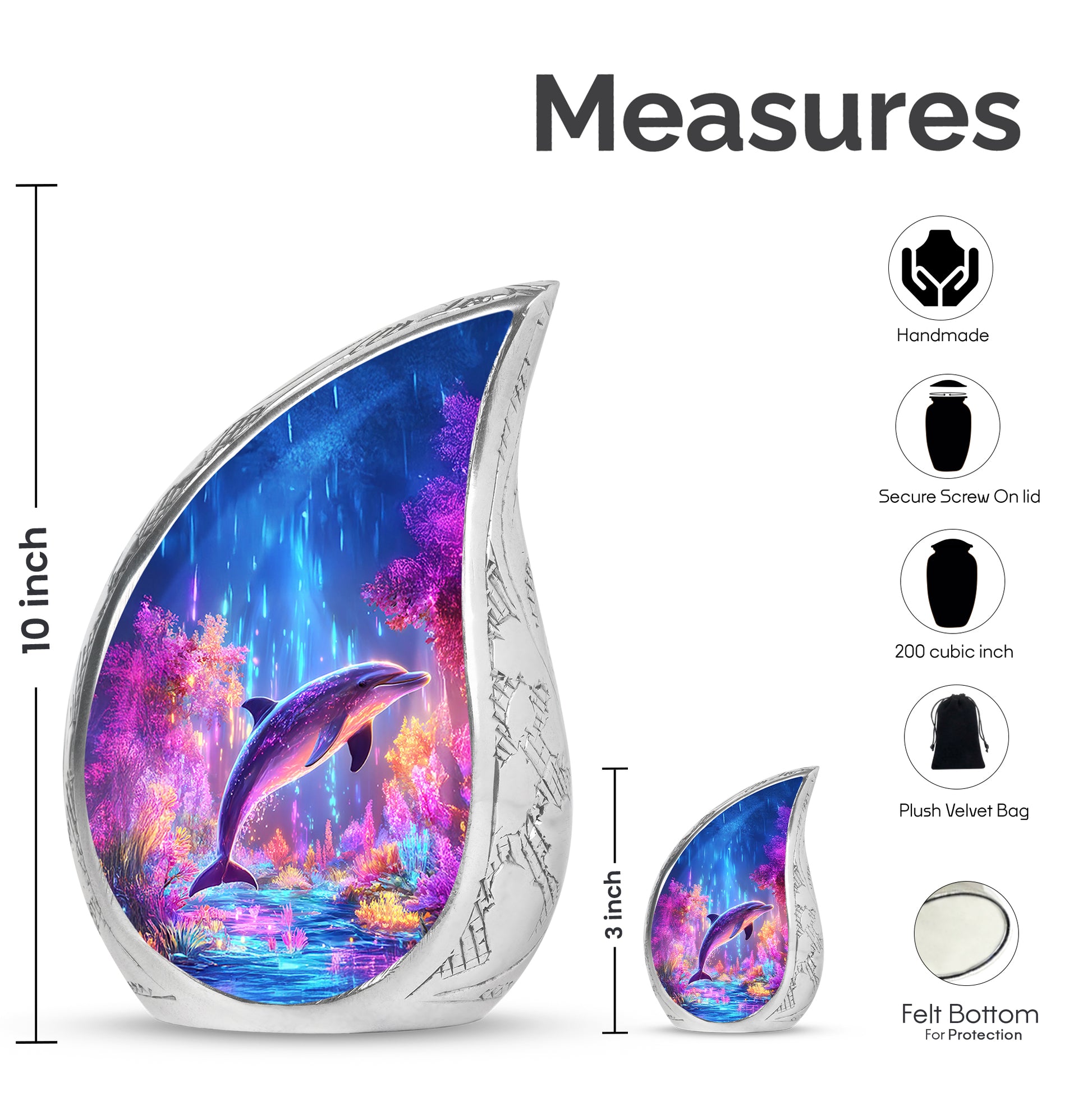 Serene Blue Dolphin Cremation Urn angled view of lid and engraved motif - smooth teardrop contour featuring dolphin art - mini keepsake memorial for portion of cremation ashes