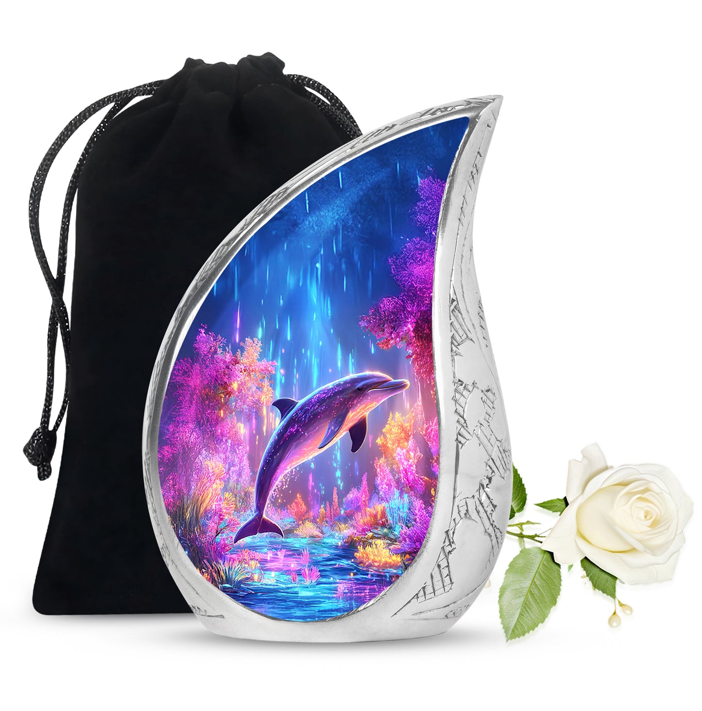 Bright Blue Dolphin Cremation Urn front view showing detailed design - smooth teardrop contour featuring dolphin art - full-size 10 inch 200 cubic inch adult cremation urn