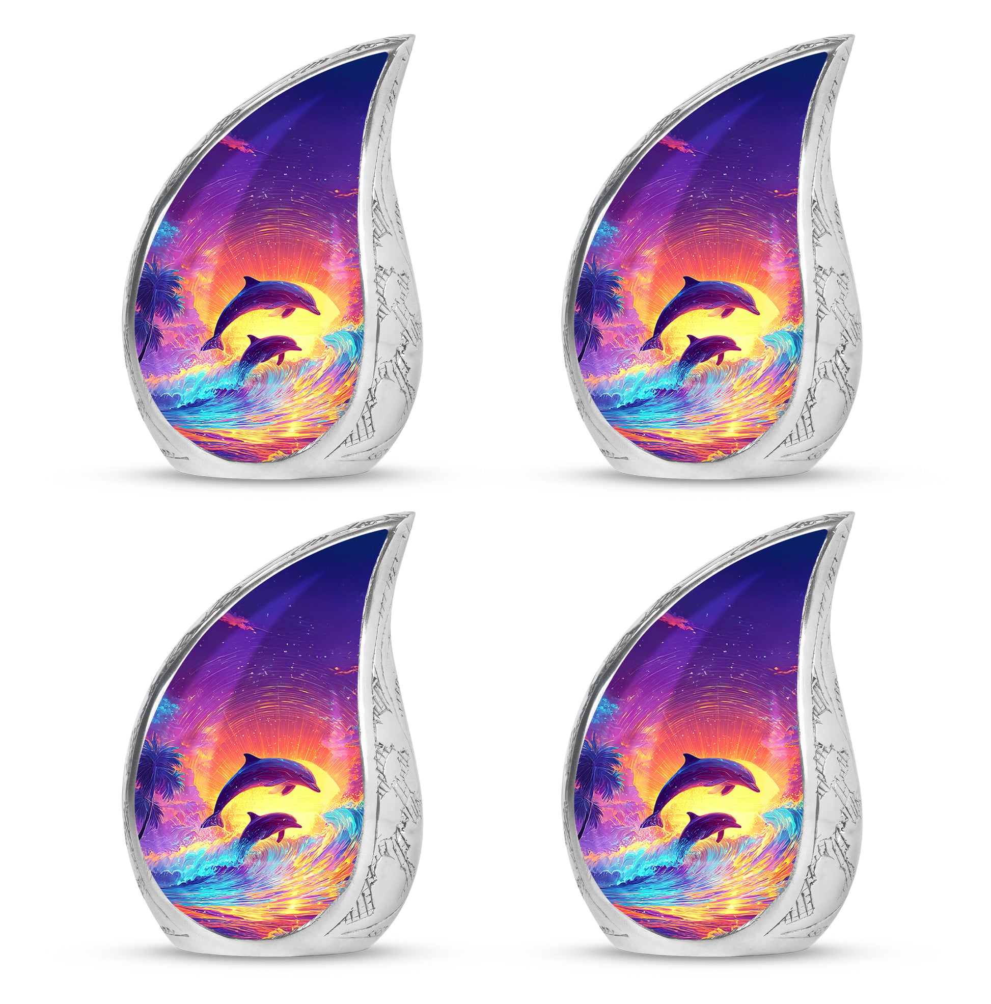 Amethyst Purple Dolphin Cremation Urn close-up of engraving and surface detail - rounded teardrop dolphin design with delicate detail - 10 inch aluminum urn for cremated remains