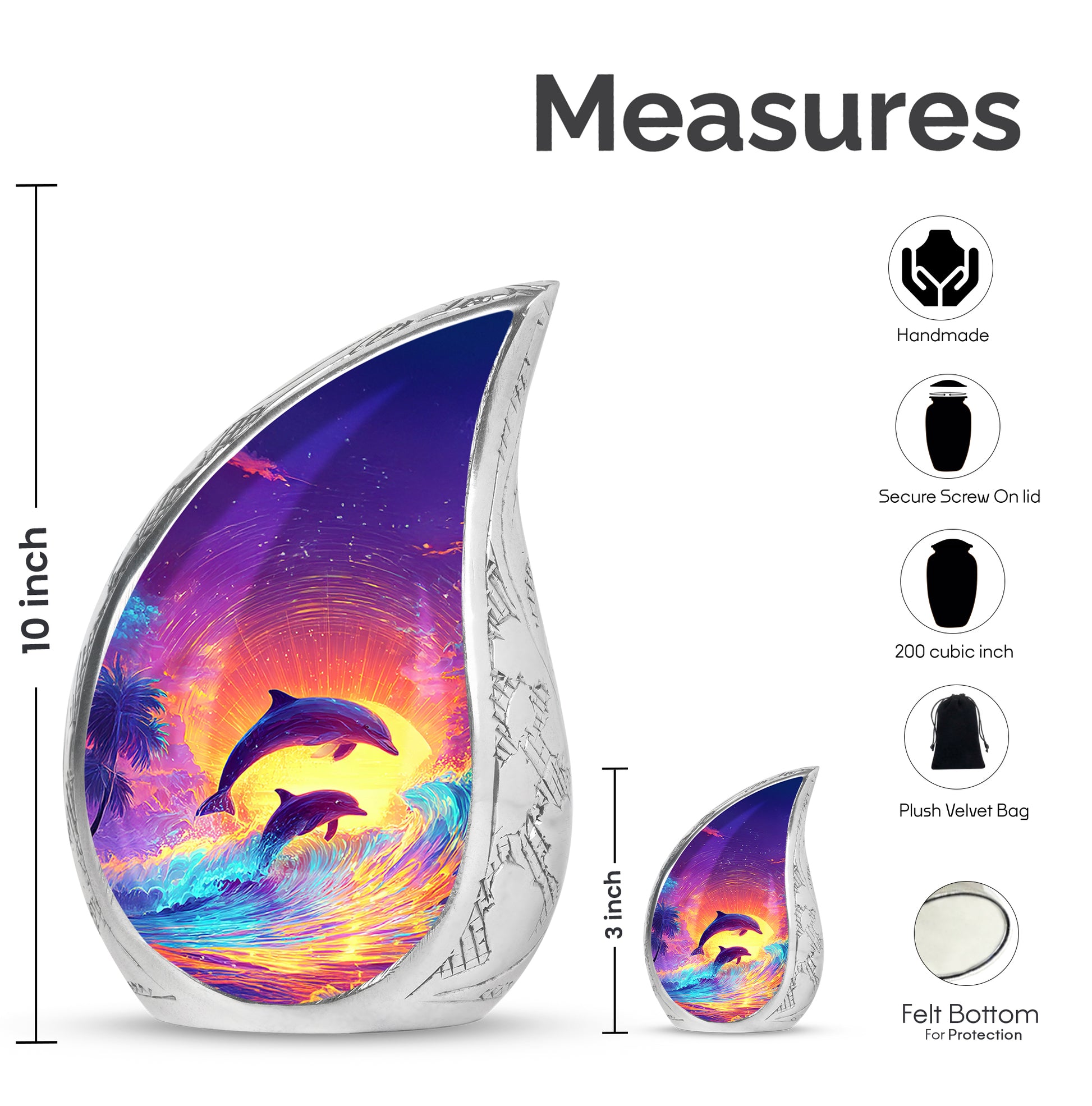 Royal Purple Dolphin Cremation Urn angled view of lid and engraved motif - graceful tear-shaped urn with dolphin motif - mini keepsake memorial for portion of cremation ashes