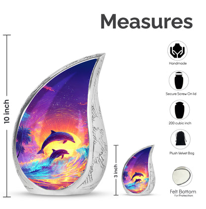 Royal Purple Dolphin Cremation Urn angled view of lid and engraved motif - graceful tear-shaped urn with dolphin motif - mini keepsake memorial for portion of cremation ashes