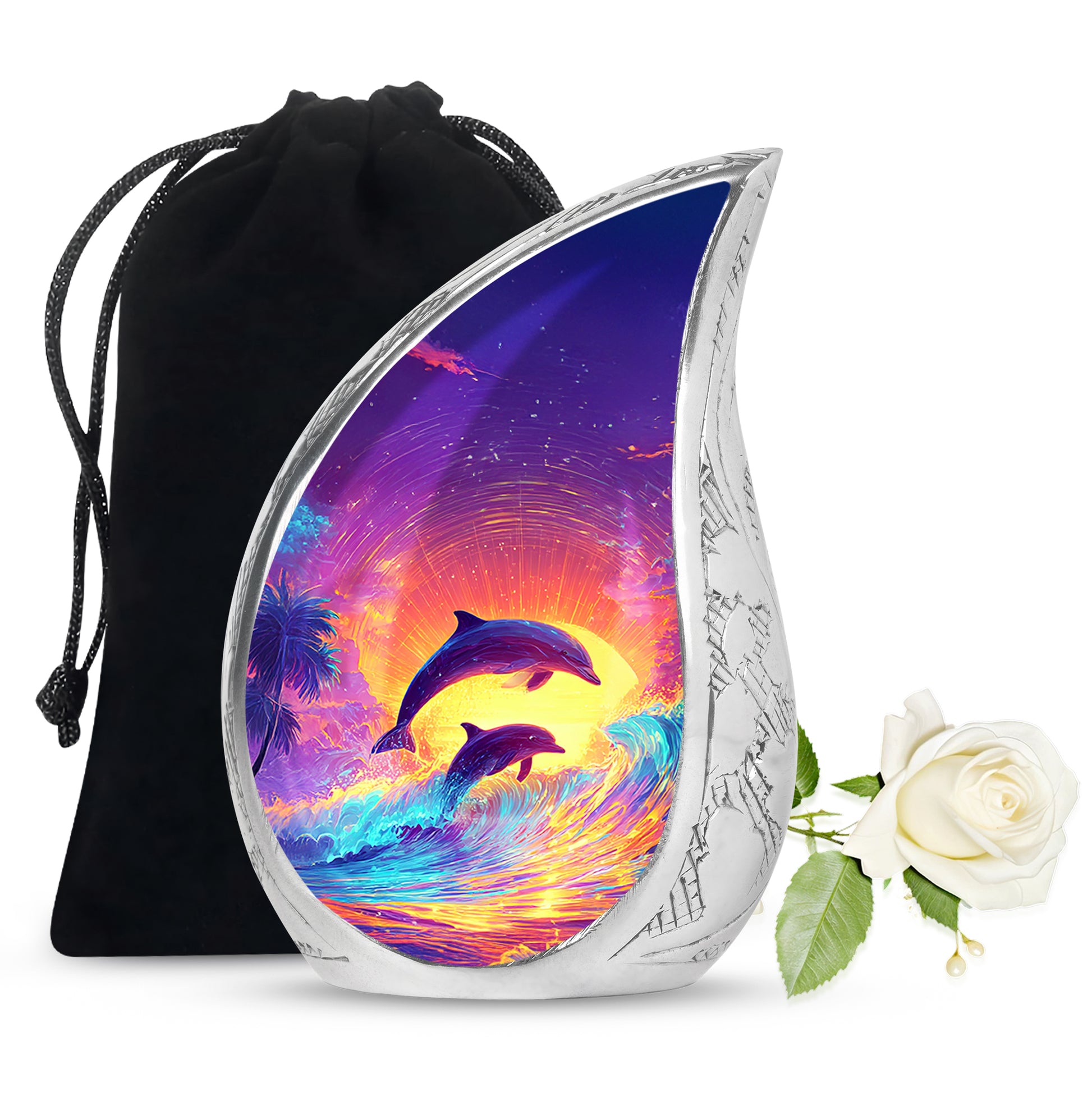 Royal Purple Dolphin Cremation Urn front view showing detailed design - smooth teardrop contour featuring dolphin art - full-size 10 inch 200 cubic inch adult cremation urn