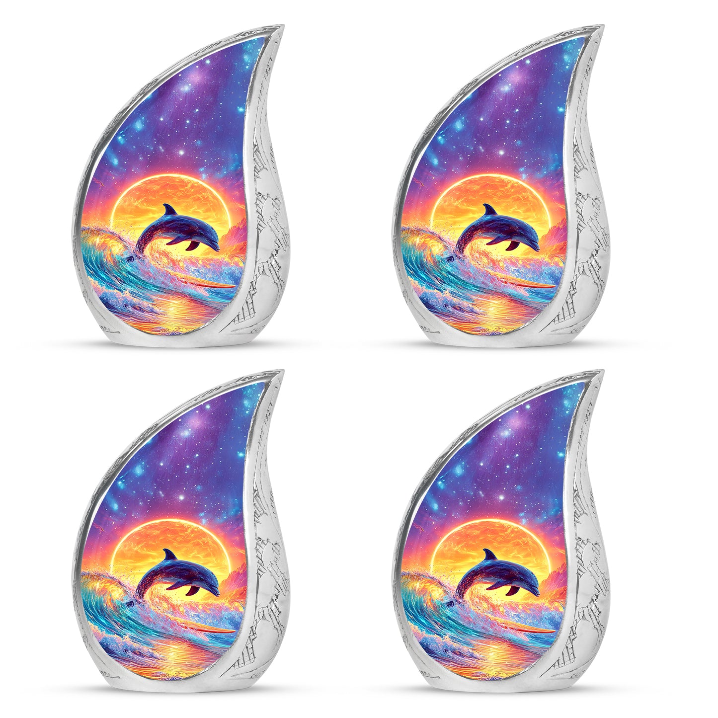 Icy Blue Dolphin Cremation Urn close-up of engraving and surface detail - flowing teardrop dolphin silhouette on curved aluminum - 10 inch aluminum urn for cremated remains