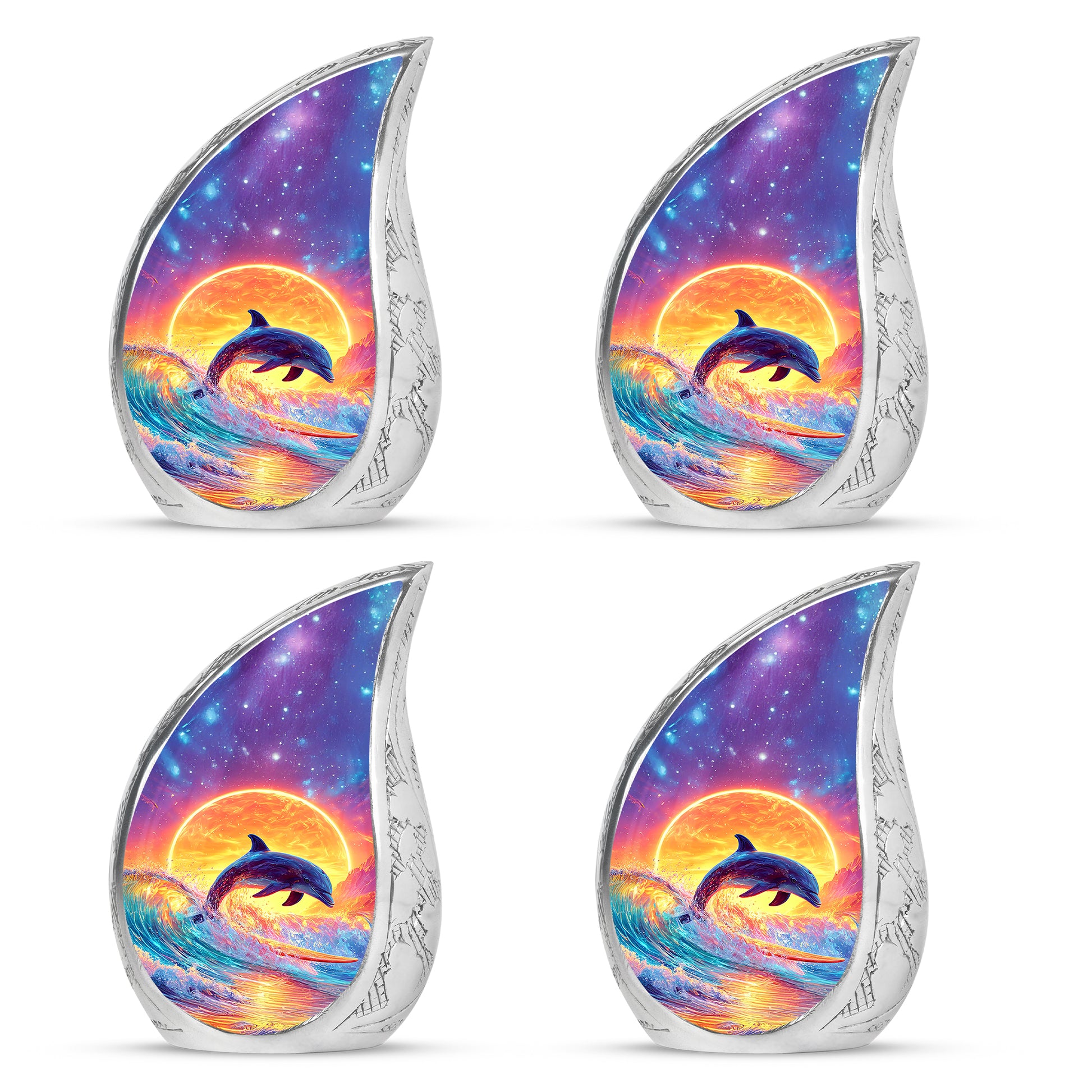 Icy Blue Dolphin Cremation Urn close-up of engraving and surface detail - flowing teardrop dolphin silhouette on curved aluminum - 10 inch aluminum urn for cremated remains