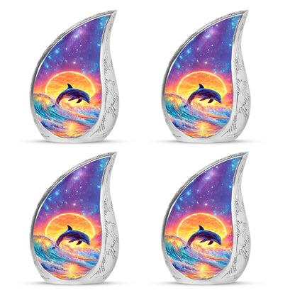Icy Blue Dolphin Cremation Urn close-up of engraving and surface detail - flowing teardrop dolphin silhouette on curved aluminum - 10 inch aluminum urn for cremated remains
