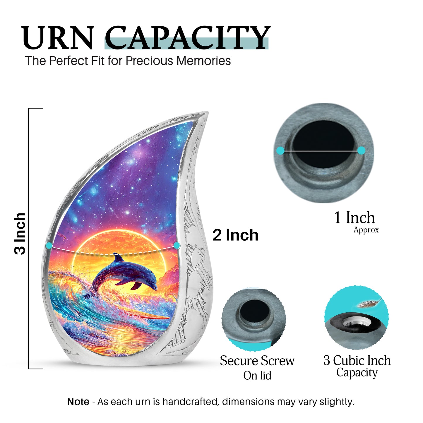 Celestial Blue Dolphin Cremation Urn angled view of lid and engraved motif - flowing teardrop dolphin silhouette on curved aluminum - mini keepsake memorial for portion of cremation ashes