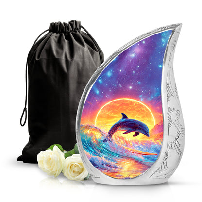 Cornflower Blue Dolphin Cremation Urn front view showing detailed design - smooth teardrop contour featuring dolphin art - full-size 10 inch 200 cubic inch adult cremation urn