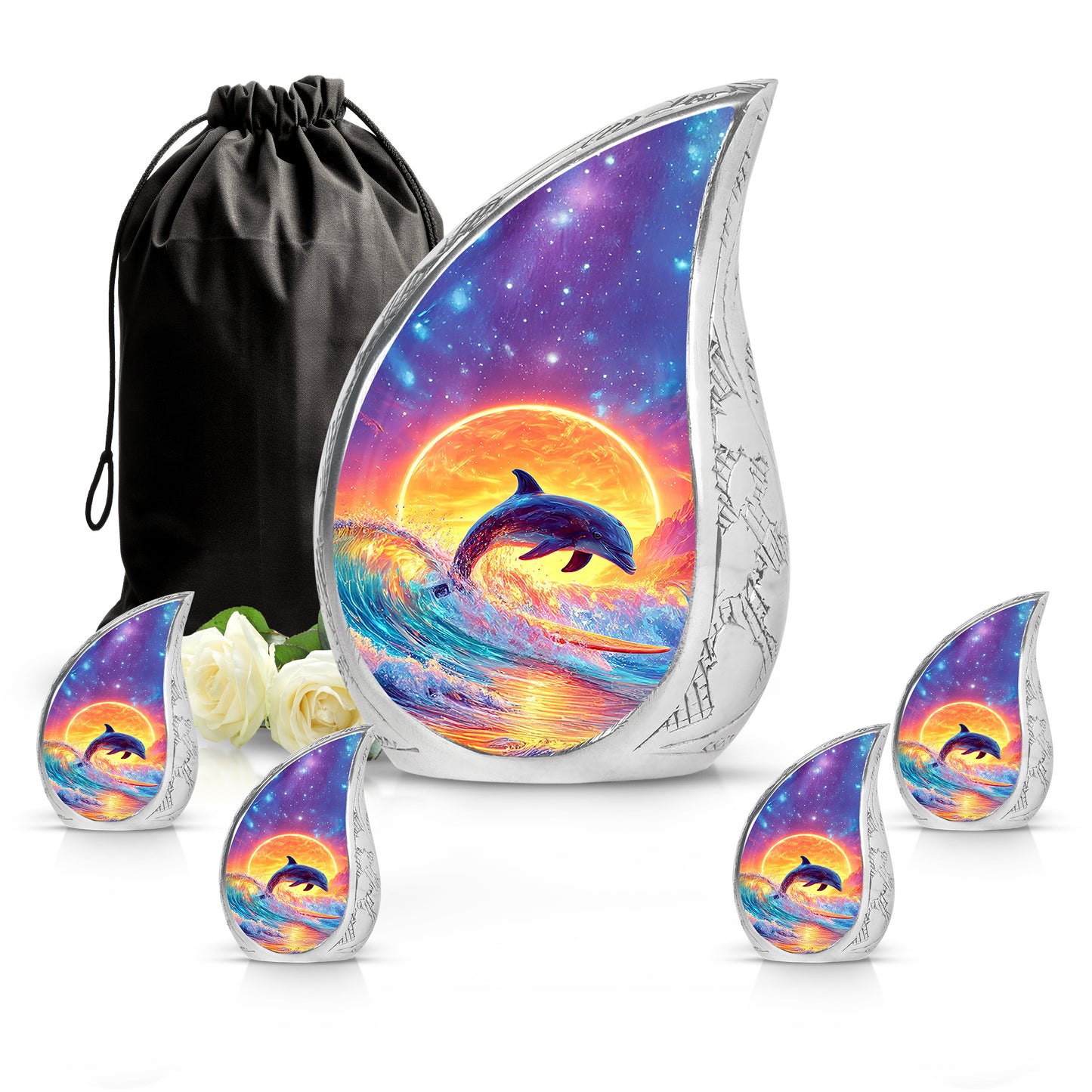 Sky Blue Dolphin Cremation Urn side profile showing urn shape - rounded teardrop dolphin design with delicate detail - memorial set with one large and four small urns