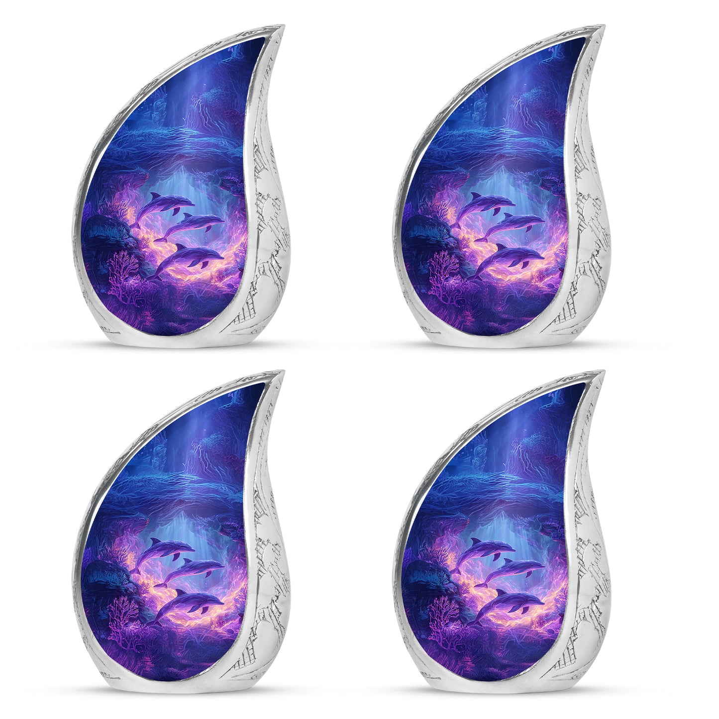 Calming Blue Dolphin Cremation Urn close-up of engraving and surface detail - graceful tear-shaped urn with dolphin motif - 10 inch aluminum urn for cremated remains