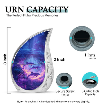 Steel Blue Dolphin Cremation Urn angled view of lid and engraved motif - smooth teardrop contour featuring dolphin art - mini keepsake memorial for portion of cremation ashes