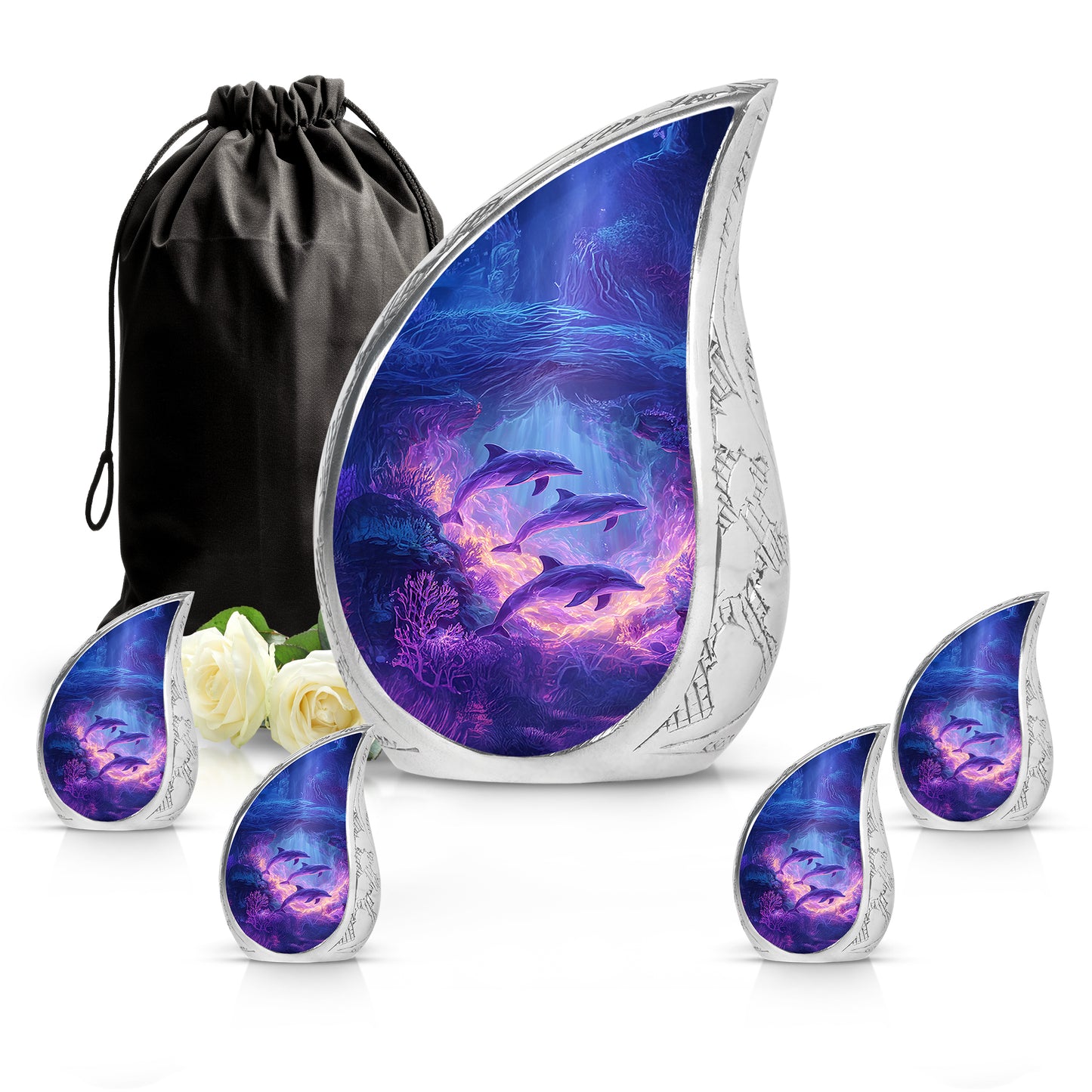 Calming Blue Dolphin Cremation Urn side profile showing urn shape - smooth teardrop contour featuring dolphin art - memorial set with one large and four small urns