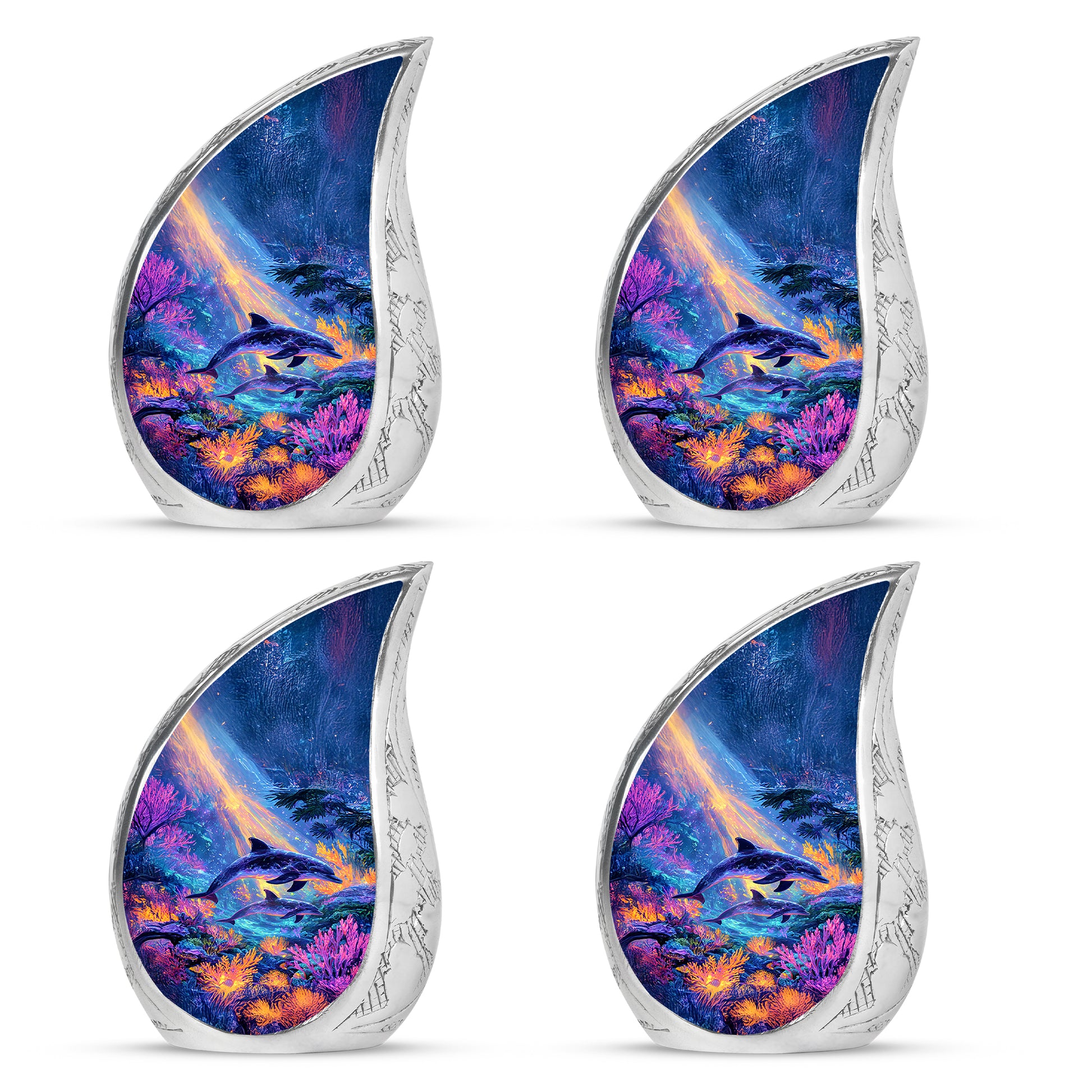 Bright Blue Dolphin Cremation Urn close-up of engraving and surface detail - smooth teardrop contour featuring dolphin art - 10 inch aluminum urn for cremated remains