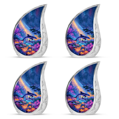 Bright Blue Dolphin Cremation Urn close-up of engraving and surface detail - smooth teardrop contour featuring dolphin art - 10 inch aluminum urn for cremated remains