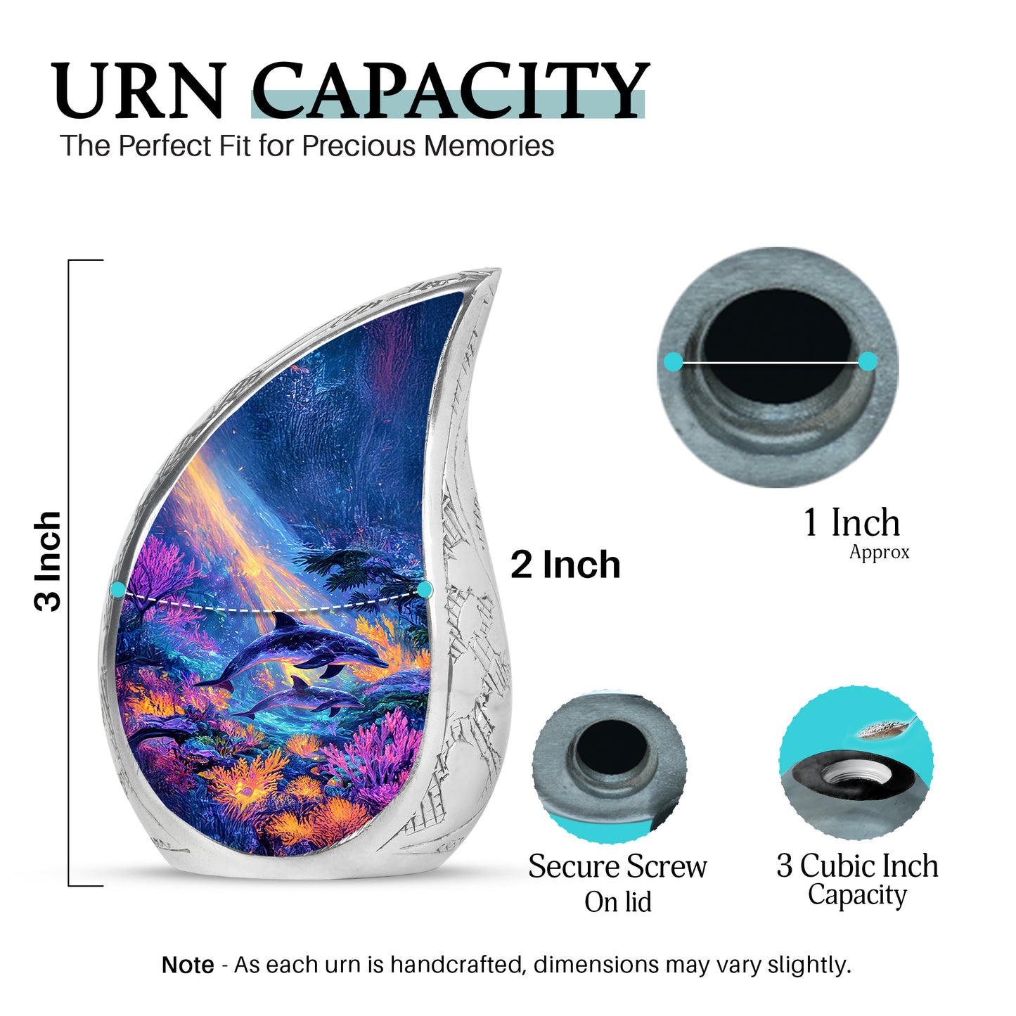 Celestial Blue Dolphin Cremation Urn angled view of lid and engraved motif - flowing teardrop dolphin silhouette on curved aluminum - mini keepsake memorial for portion of cremation ashes