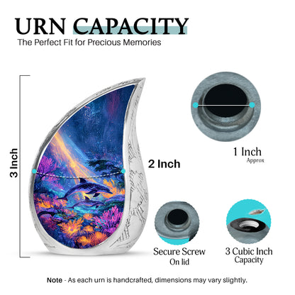Celestial Blue Dolphin Cremation Urn angled view of lid and engraved motif - flowing teardrop dolphin silhouette on curved aluminum - mini keepsake memorial for portion of cremation ashes