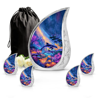 Steel Blue Dolphin Cremation Urn side profile showing urn shape - graceful tear-shaped urn with dolphin motif - memorial set with one large and four small urns
