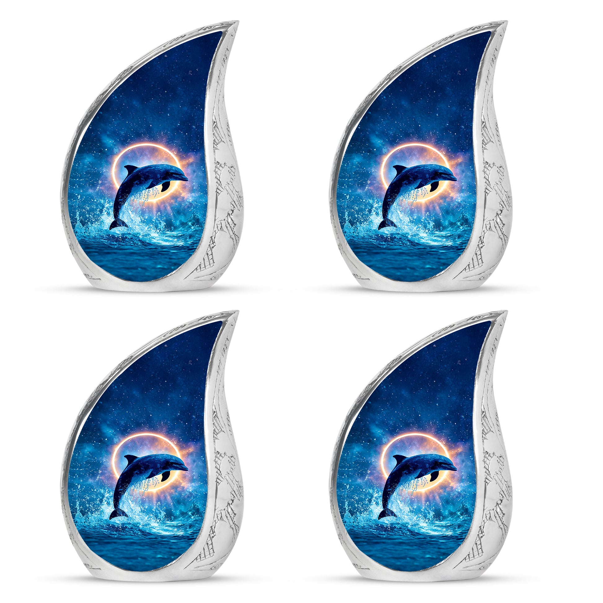 Dusty Blue Dolphin Cremation Urn close-up of engraving and surface detail - rounded teardrop dolphin design with delicate detail - 10 inch aluminum urn for cremated remains