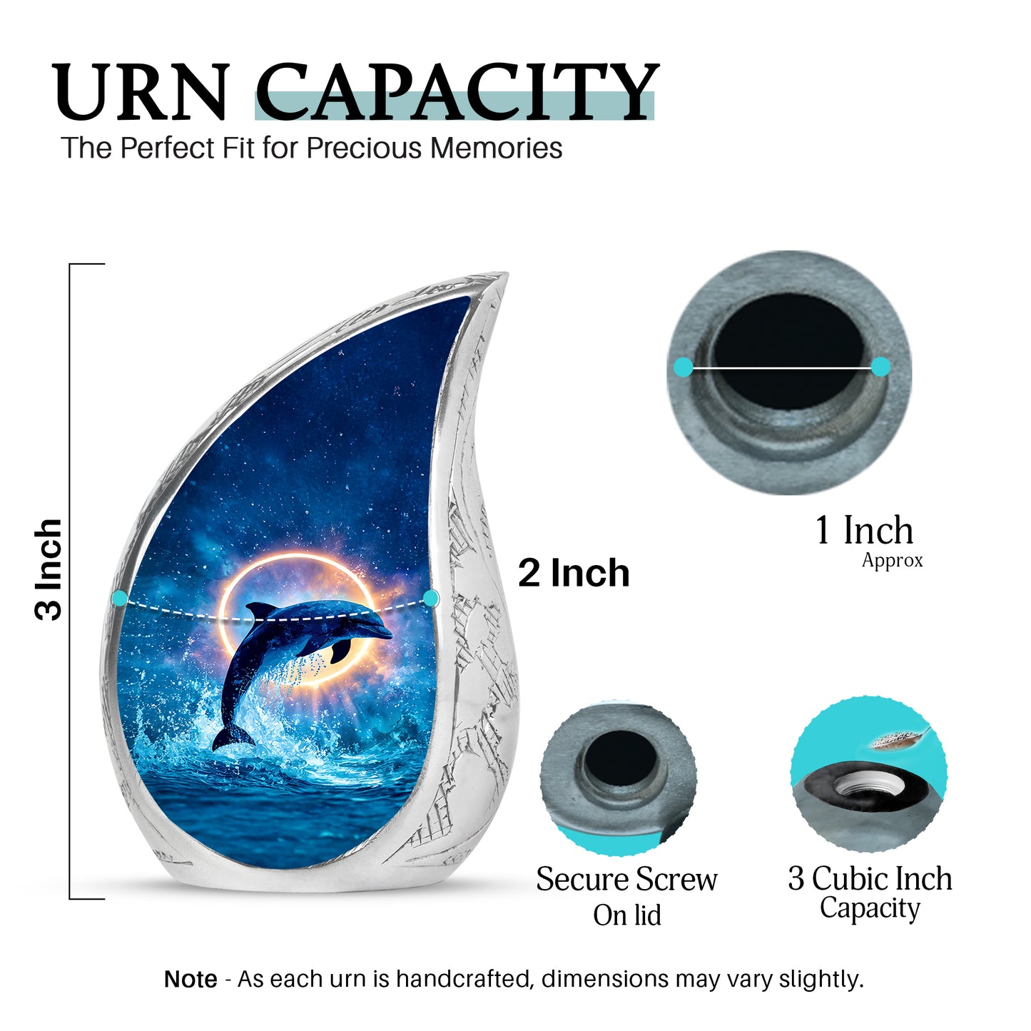 Sapphire Blue Dolphin Cremation Urn angled view of lid and engraved motif - smooth teardrop contour featuring dolphin art - mini keepsake memorial for portion of cremation ashes