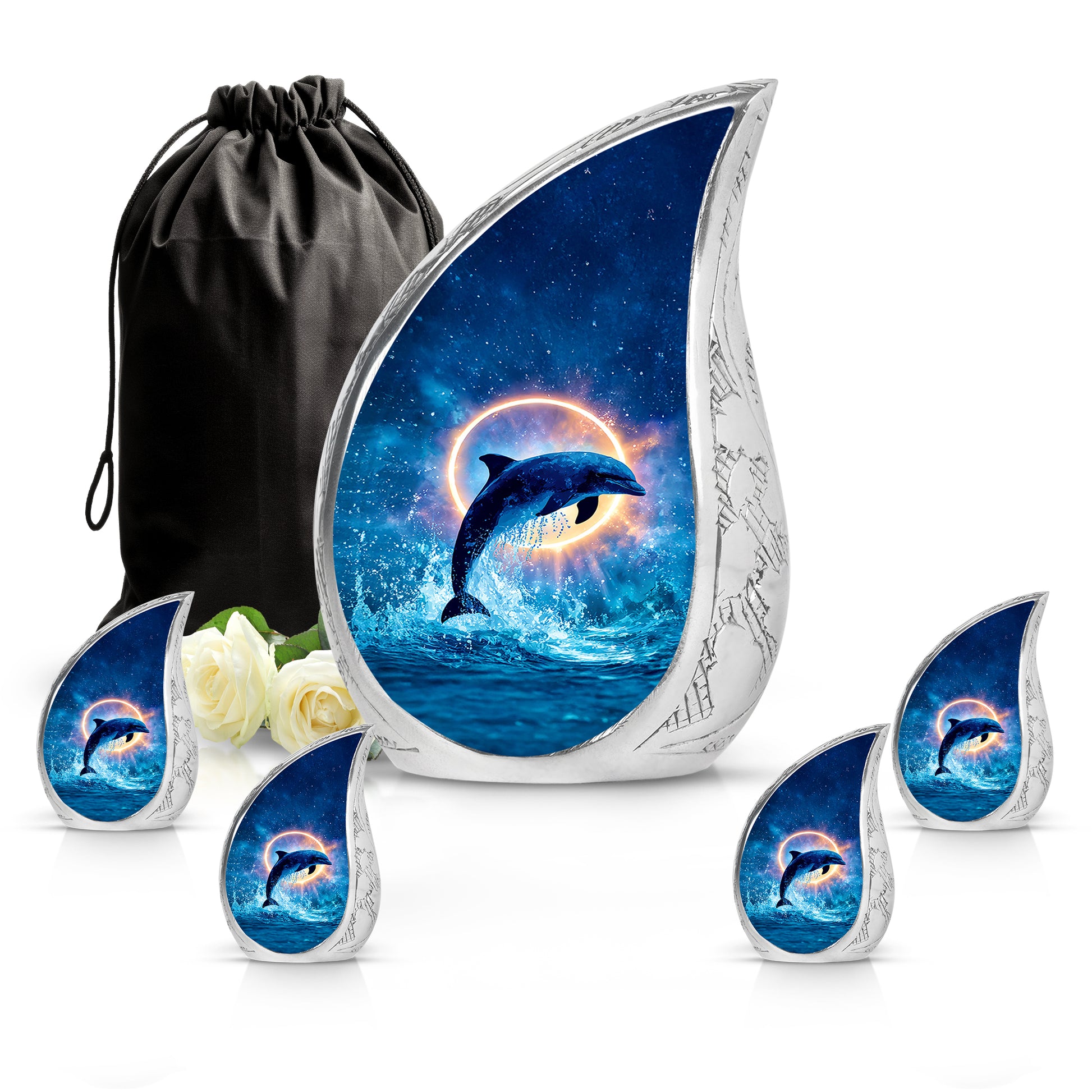 Serene Blue Dolphin Cremation Urn side profile showing urn shape - graceful tear-shaped urn with dolphin motif - memorial set with one large and four small urns