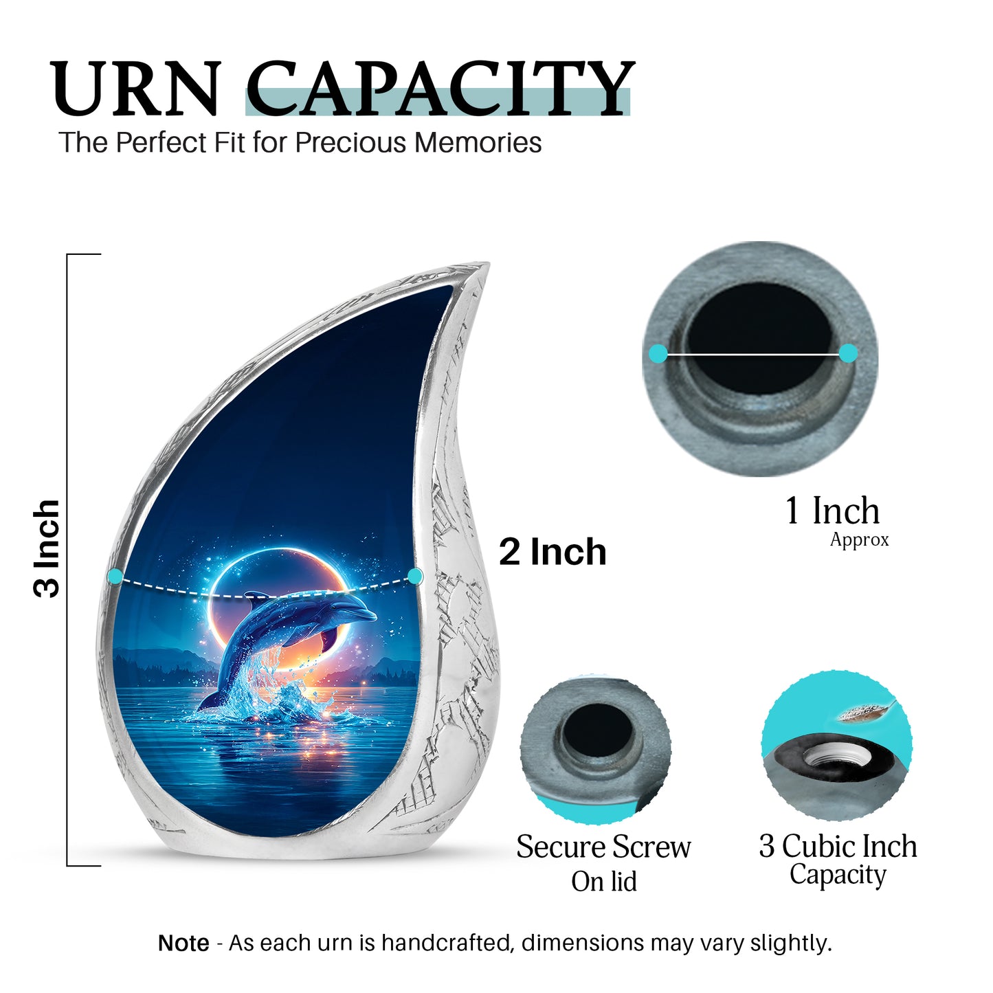 Misty Blue Dolphin Cremation Urn angled view of lid and engraved motif - flowing teardrop dolphin silhouette on curved aluminum - mini keepsake memorial for portion of cremation ashes
