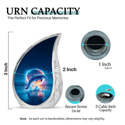 Misty Blue Dolphin Cremation Urn angled view of lid and engraved motif - flowing teardrop dolphin silhouette on curved aluminum - mini keepsake memorial for portion of cremation ashes