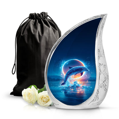 Misty Blue Dolphin Cremation Urn front view showing detailed design - flowing teardrop dolphin silhouette on curved aluminum - full-size 10 inch 200 cubic inch adult cremation urn