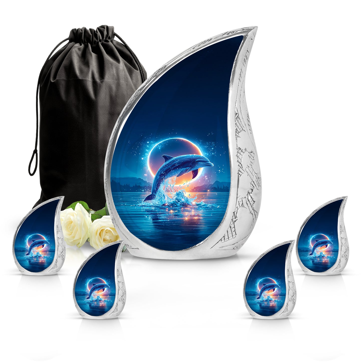 Serene Blue Dolphin Cremation Urn side profile showing urn shape - graceful tear-shaped urn with dolphin motif - memorial set with one large and four small urns