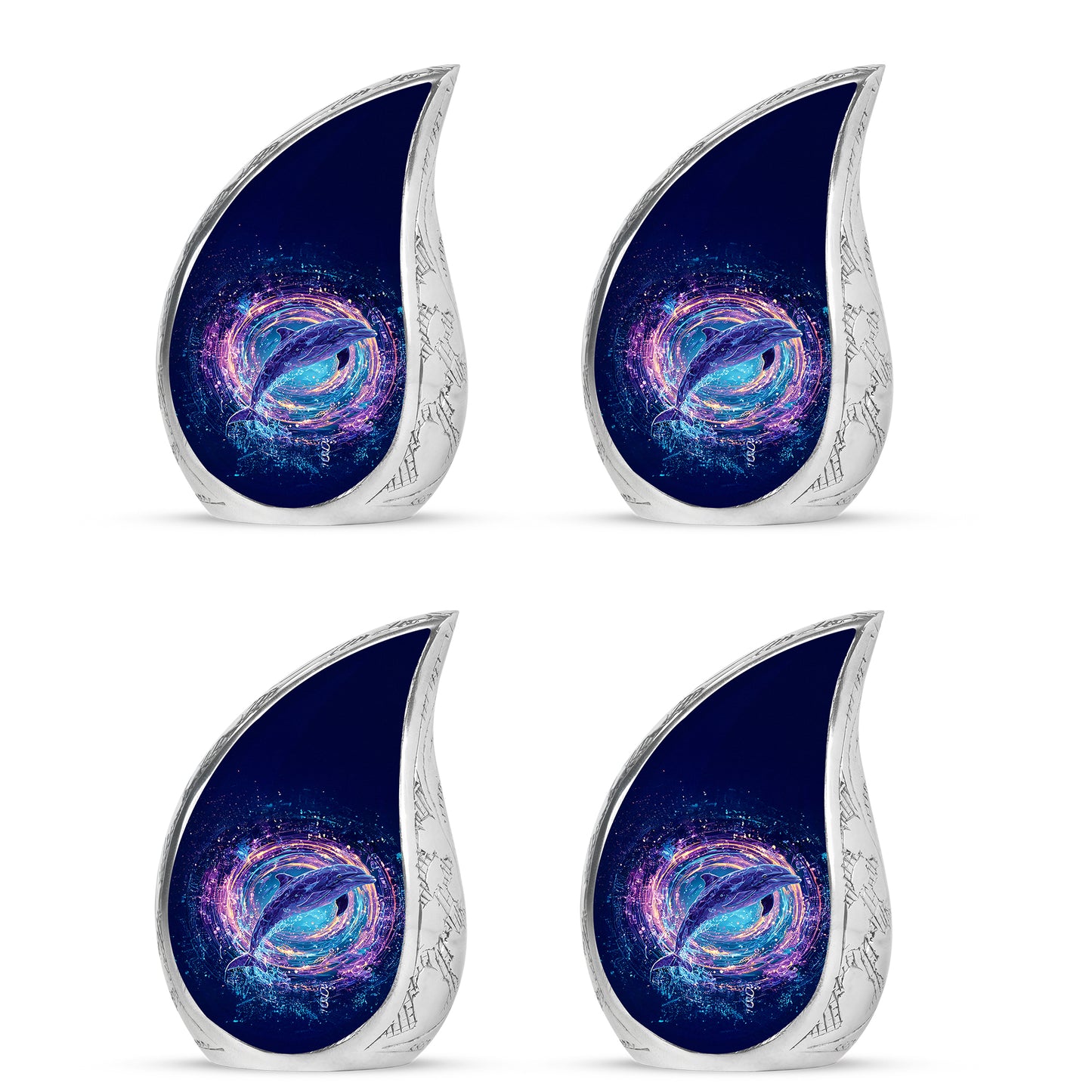 Slate Blue Dolphin Cremation Urn close-up of engraving and surface detail - flowing teardrop dolphin silhouette on curved aluminum - 10 inch aluminum urn for cremated remains