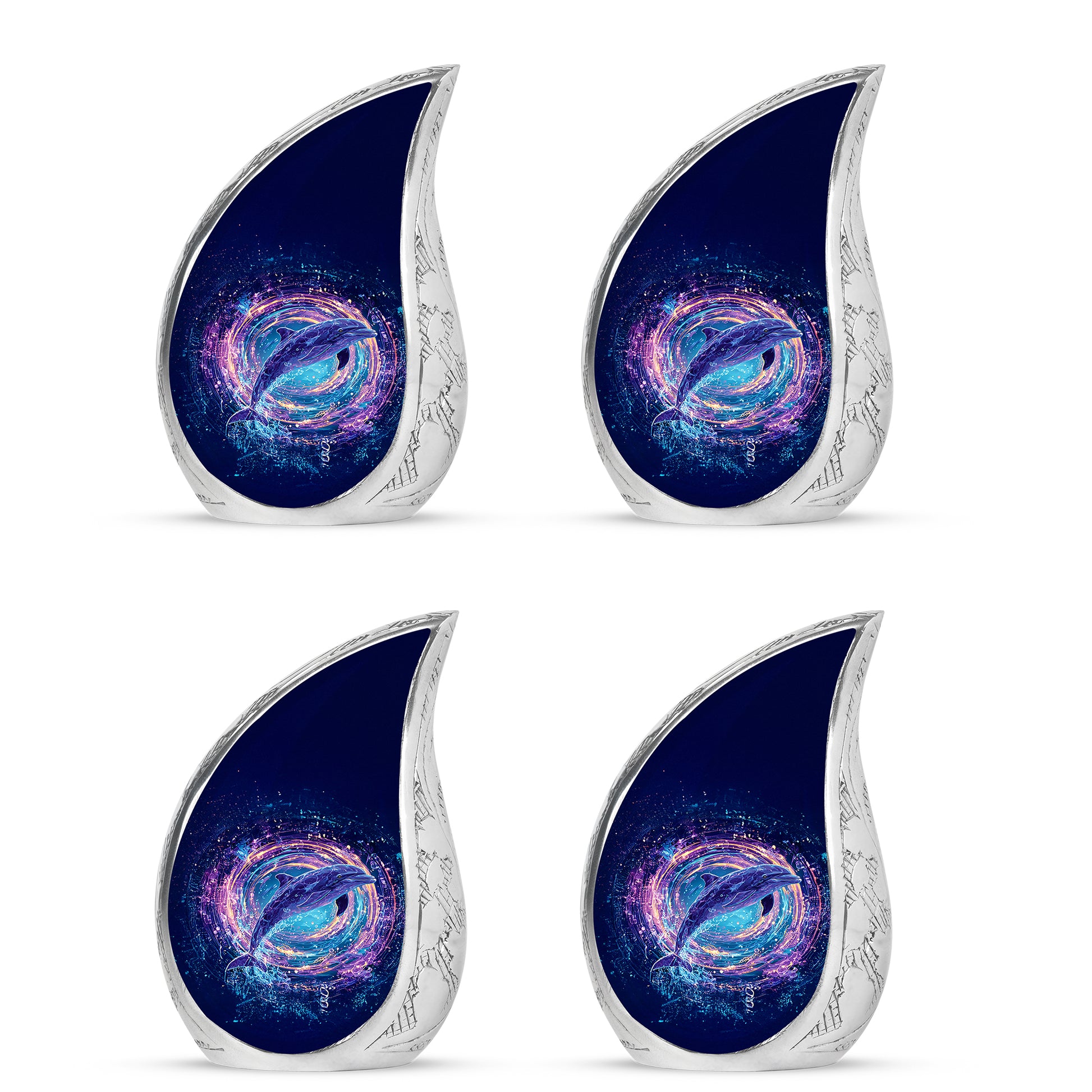 Slate Blue Dolphin Cremation Urn close-up of engraving and surface detail - flowing teardrop dolphin silhouette on curved aluminum - 10 inch aluminum urn for cremated remains