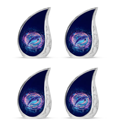Slate Blue Dolphin Cremation Urn close-up of engraving and surface detail - flowing teardrop dolphin silhouette on curved aluminum - 10 inch aluminum urn for cremated remains