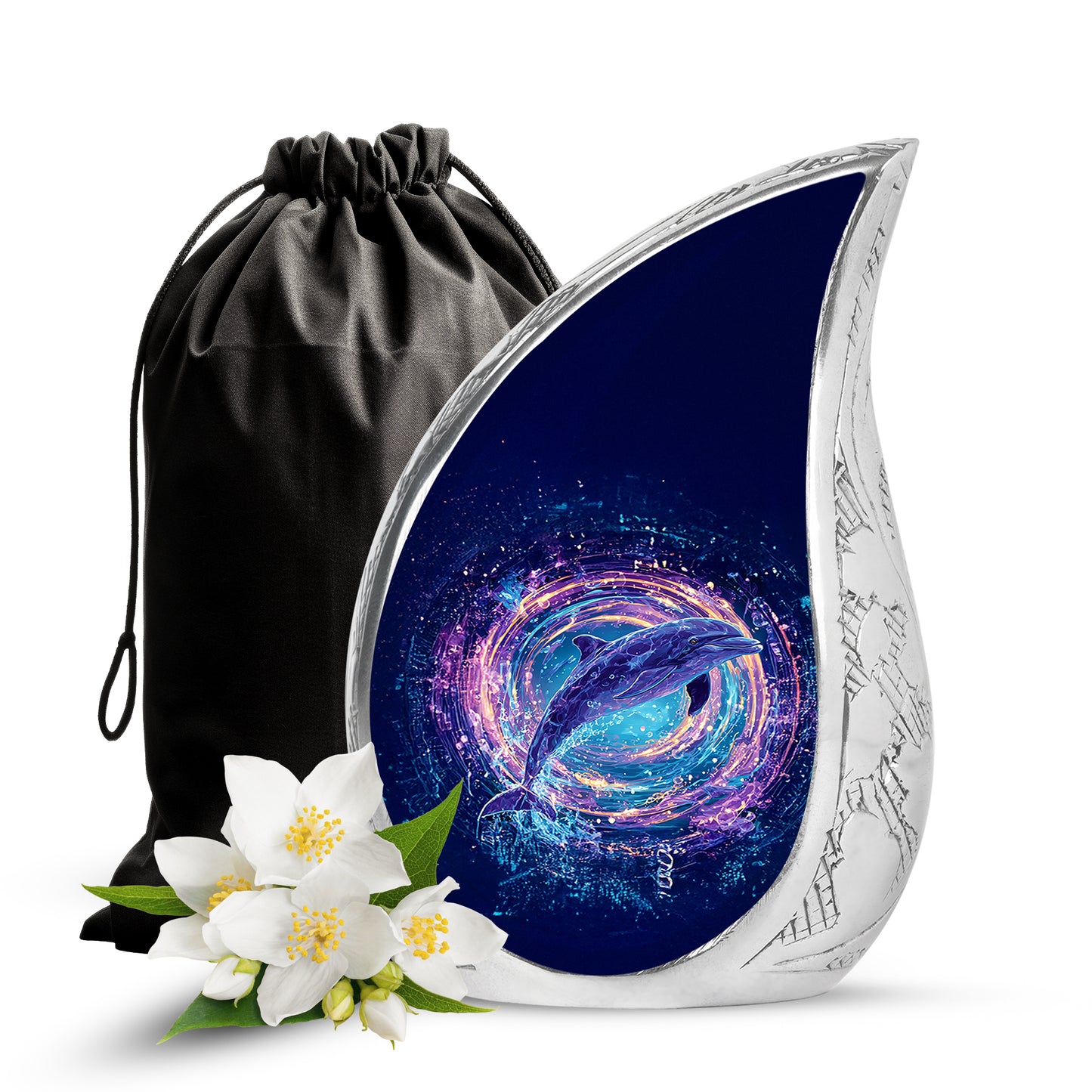 Sky Blue Dolphin Cremation Urn front view showing detailed design - rounded teardrop dolphin design with delicate detail - full-size 10 inch 200 cubic inch adult cremation urn