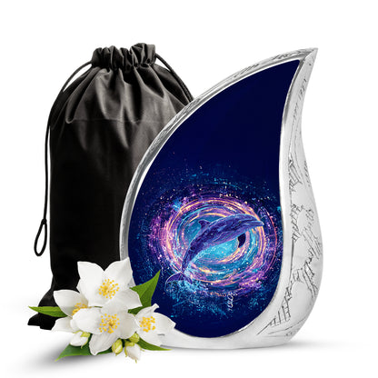 Sky Blue Dolphin Cremation Urn front view showing detailed design - rounded teardrop dolphin design with delicate detail - full-size 10 inch 200 cubic inch adult cremation urn