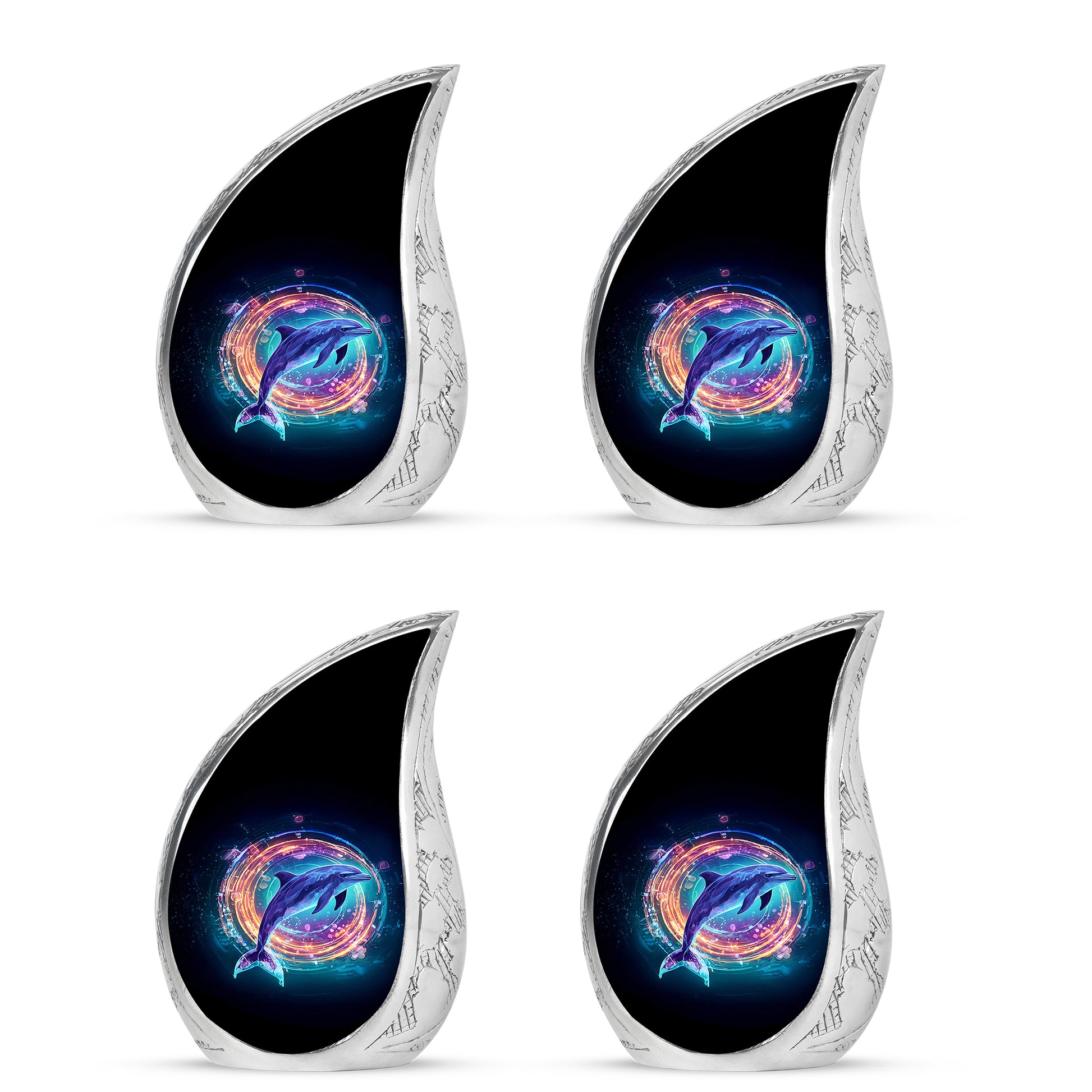 Obsidian Black Dolphin Cremation Urn close-up of engraving and surface detail - graceful tear-shaped urn with dolphin motif - 10 inch aluminum urn for cremated remains