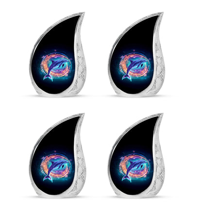 Obsidian Black Dolphin Cremation Urn close-up of engraving and surface detail - graceful tear-shaped urn with dolphin motif - 10 inch aluminum urn for cremated remains