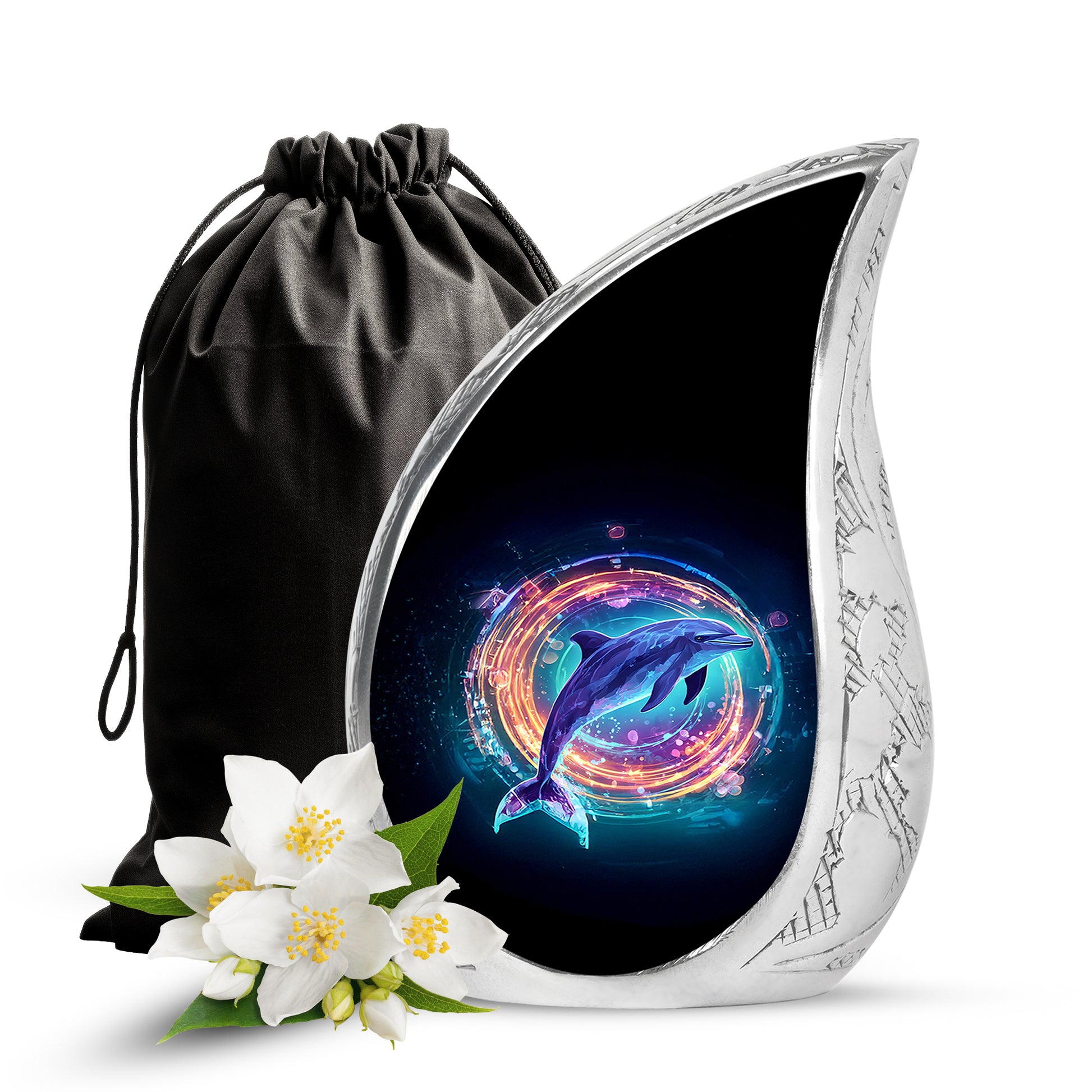 Jet Black Dolphin Cremation Urn front view showing detailed design - flowing teardrop dolphin silhouette on curved aluminum - full-size 10 inch 200 cubic inch adult cremation urn