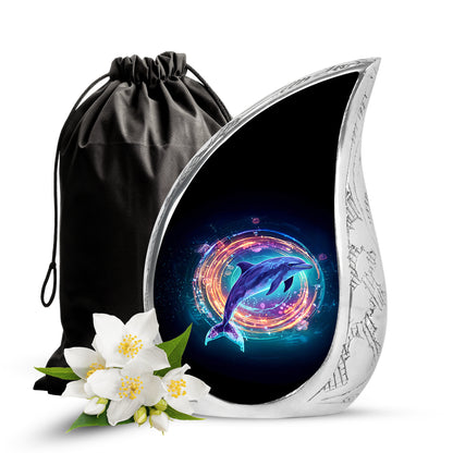 Jet Black Dolphin Cremation Urn front view showing detailed design - flowing teardrop dolphin silhouette on curved aluminum - full-size 10 inch 200 cubic inch adult cremation urn