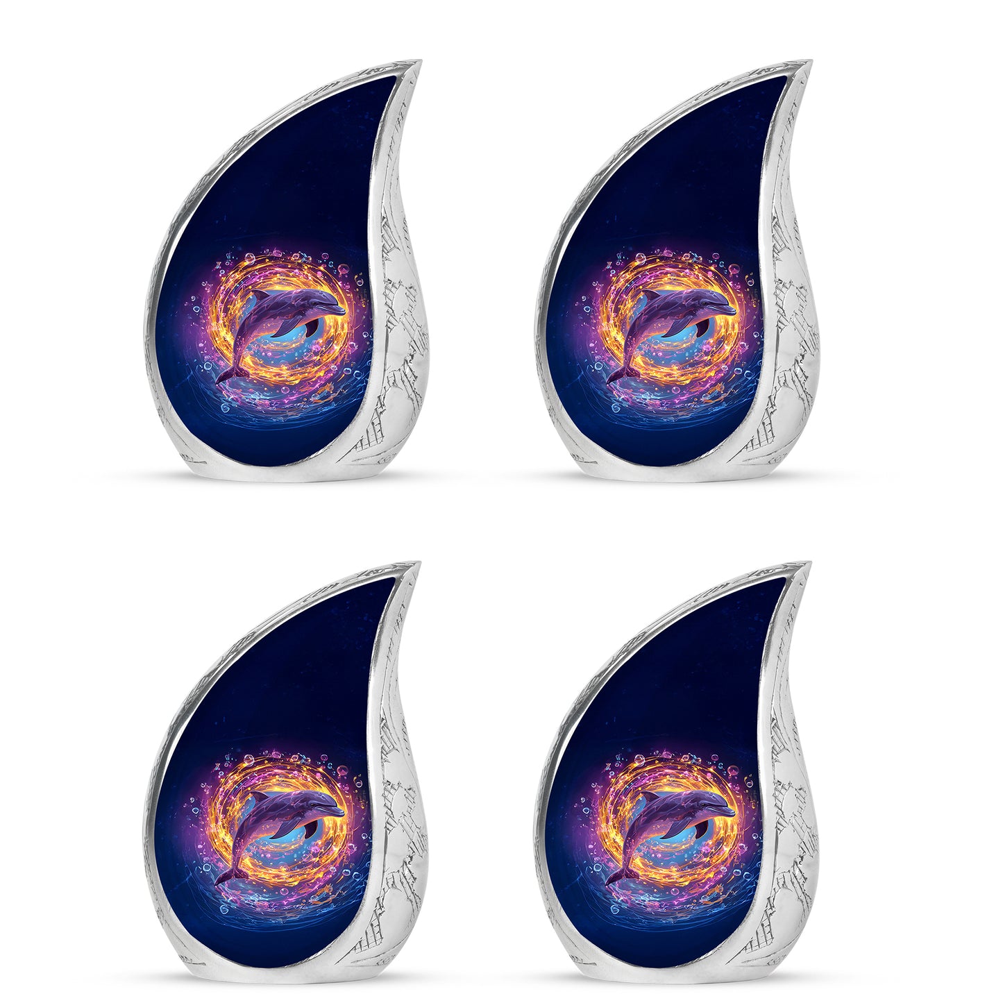 Azure Dolphin Cremation Urn close-up of engraving and surface detail - rounded teardrop dolphin design with delicate detail - 10 inch aluminum urn for cremated remains