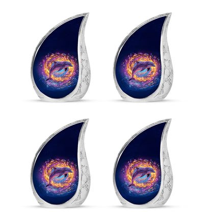 Azure Dolphin Cremation Urn close-up of engraving and surface detail - rounded teardrop dolphin design with delicate detail - 10 inch aluminum urn for cremated remains