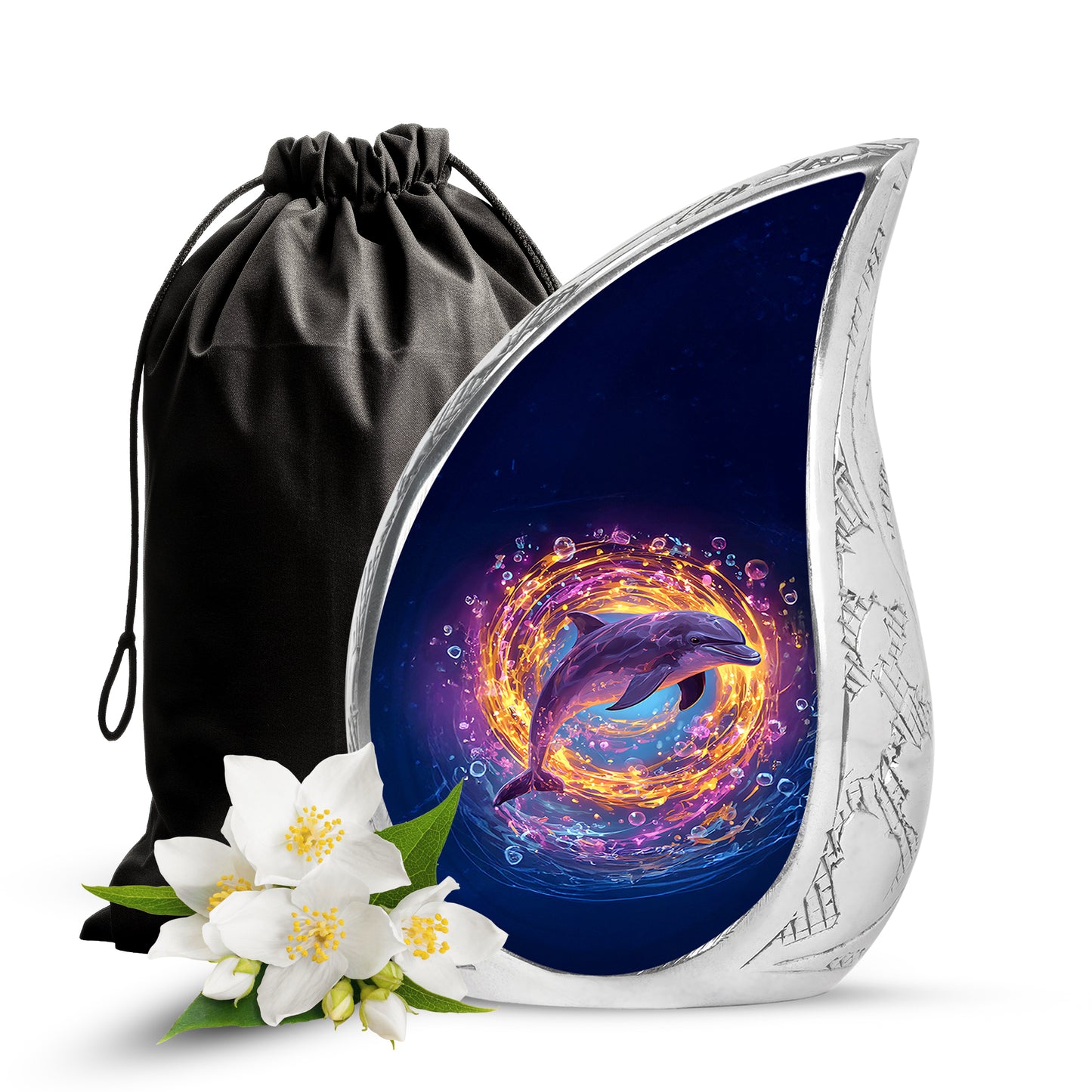 Indigo Dolphin Cremation Urn front view showing detailed design - flowing teardrop dolphin silhouette on curved aluminum - full-size 10 inch 200 cubic inch adult cremation urn