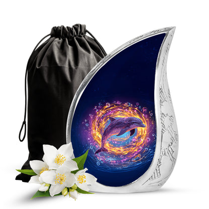 Indigo Dolphin Cremation Urn front view showing detailed design - flowing teardrop dolphin silhouette on curved aluminum - full-size 10 inch 200 cubic inch adult cremation urn