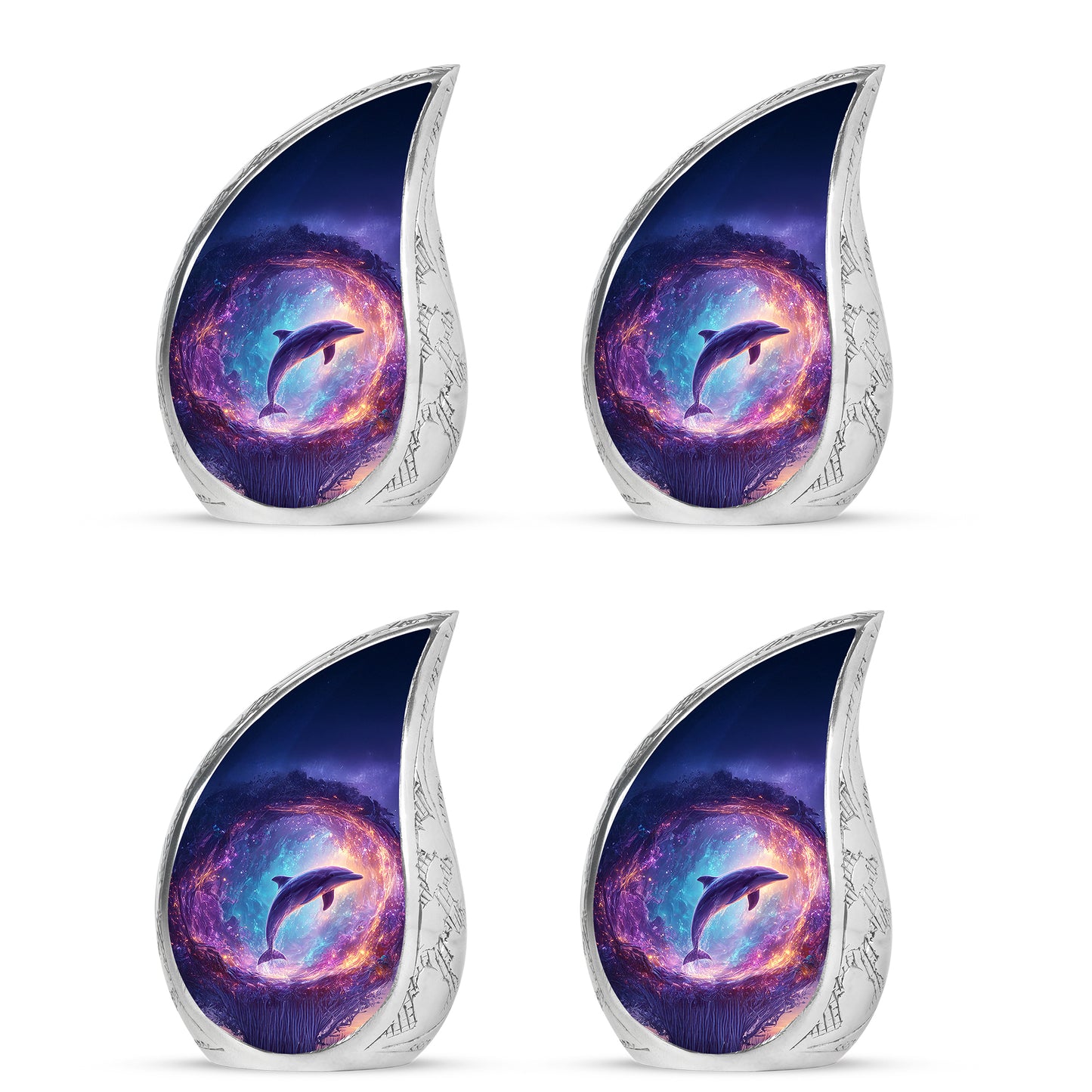 Steel Blue Dolphin Cremation Urn close-up of engraving and surface detail - graceful tear-shaped urn with dolphin motif - 10 inch aluminum urn for cremated remains