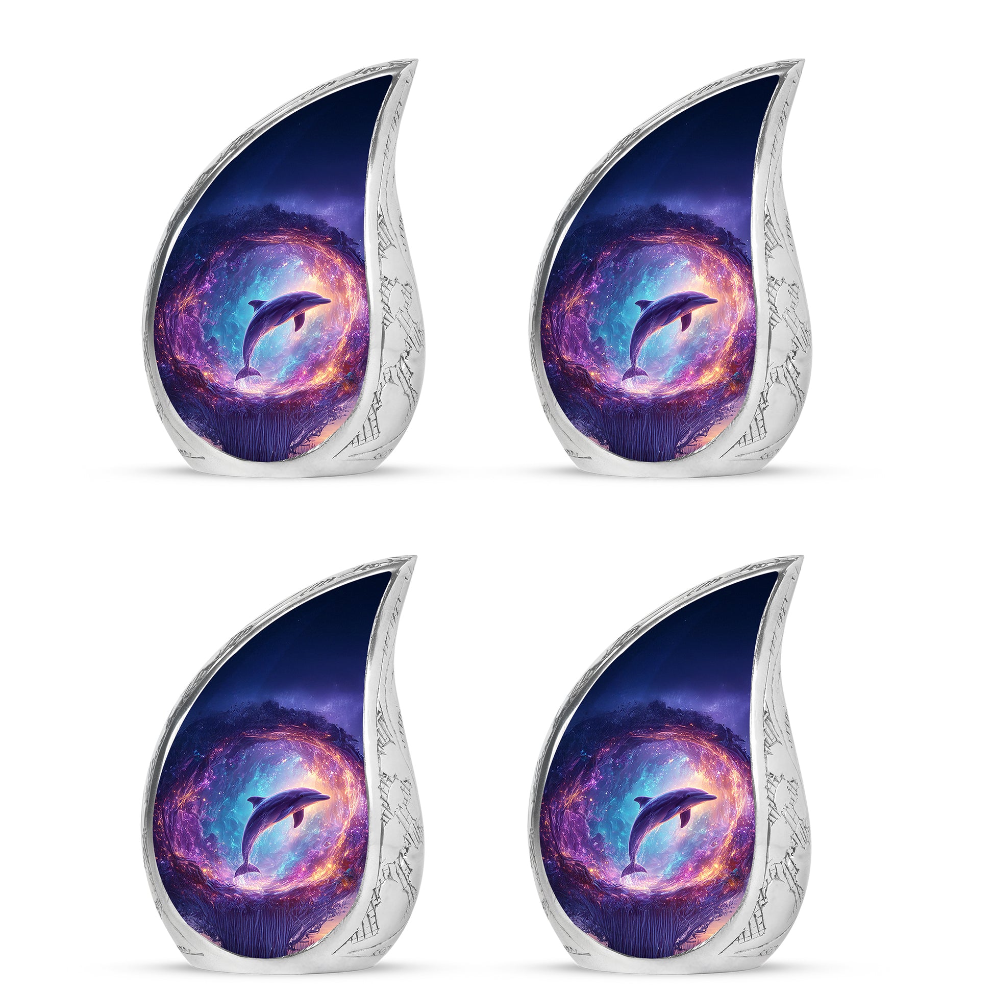Steel Blue Dolphin Cremation Urn close-up of engraving and surface detail - graceful tear-shaped urn with dolphin motif - 10 inch aluminum urn for cremated remains