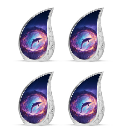 Steel Blue Dolphin Cremation Urn close-up of engraving and surface detail - graceful tear-shaped urn with dolphin motif - 10 inch aluminum urn for cremated remains