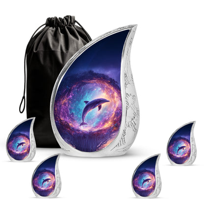 Twilight Blue Dolphin Cremation Urn side profile showing urn shape - smooth teardrop contour featuring dolphin art - memorial set with one large and four small urns