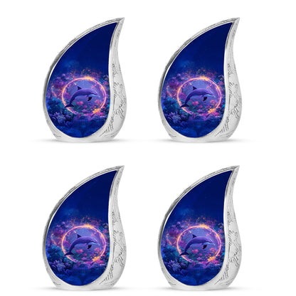 Icy Blue Dolphin Cremation Urn close-up of engraving and surface detail - rounded teardrop dolphin design with delicate detail - 10 inch aluminum urn for cremated remains