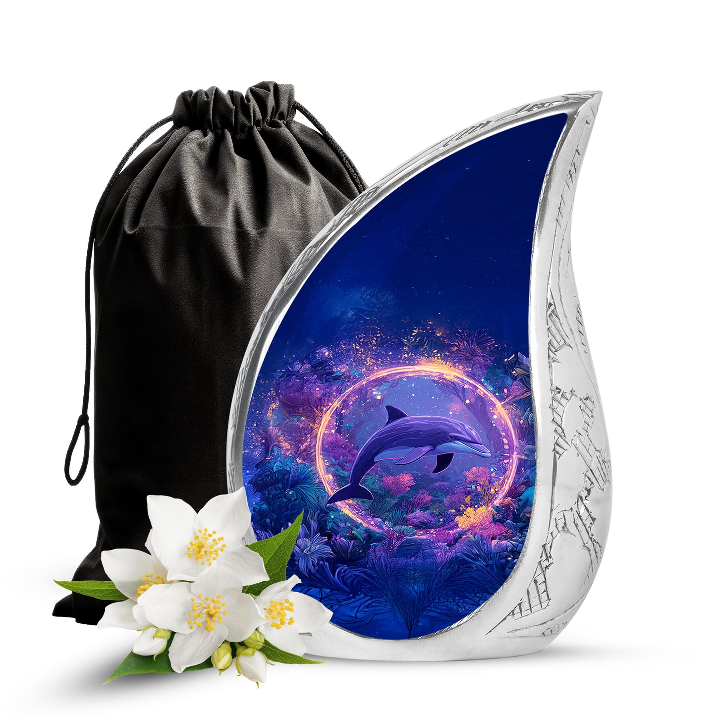 Dusty Blue Dolphin Cremation Urn front view showing detailed design - flowing teardrop dolphin silhouette on curved aluminum - full-size 10 inch 200 cubic inch adult cremation urn
