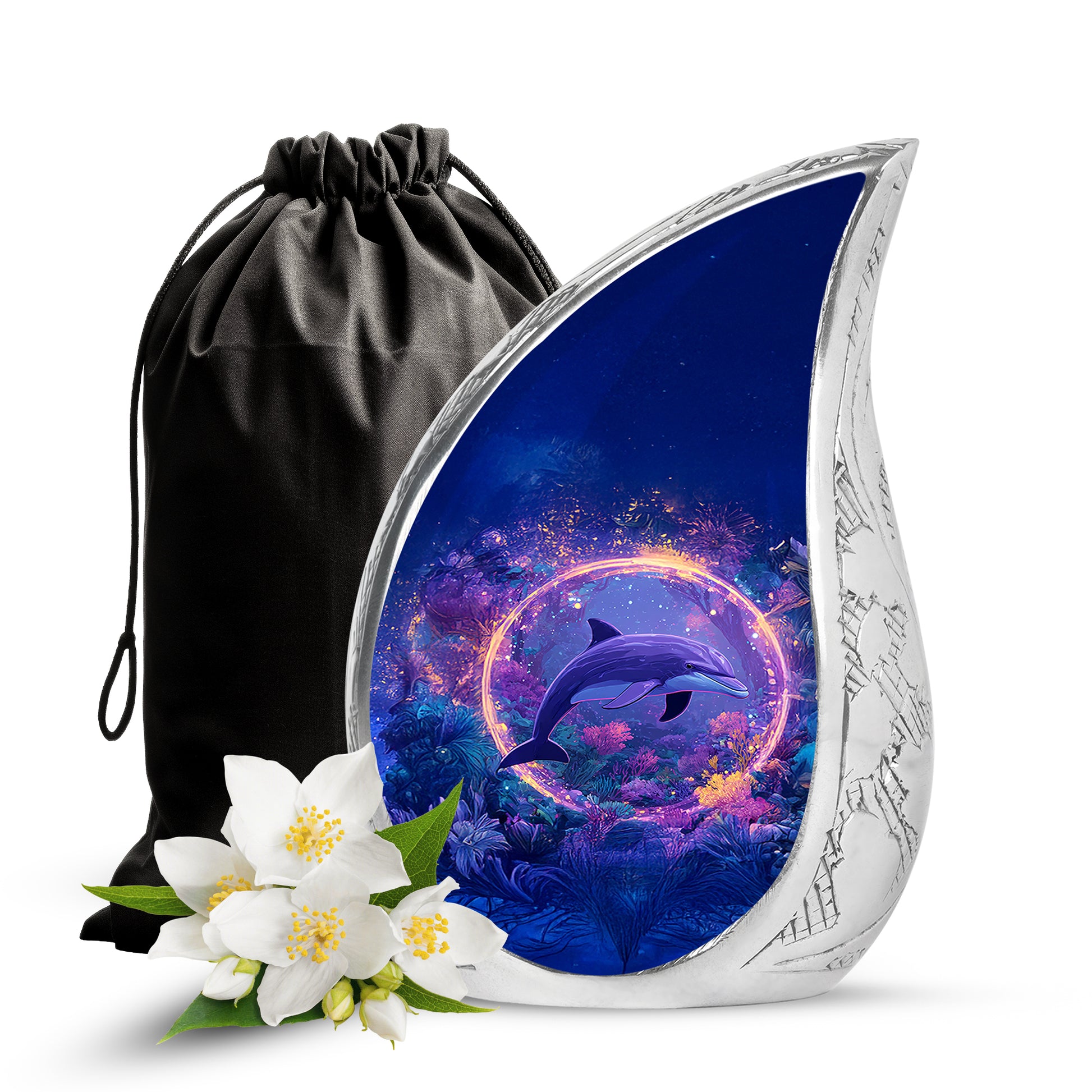 Dusty Blue Dolphin Cremation Urn front view showing detailed design - flowing teardrop dolphin silhouette on curved aluminum - full-size 10 inch 200 cubic inch adult cremation urn