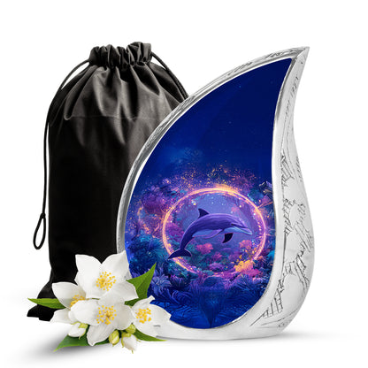 Dusty Blue Dolphin Cremation Urn front view showing detailed design - flowing teardrop dolphin silhouette on curved aluminum - full-size 10 inch 200 cubic inch adult cremation urn