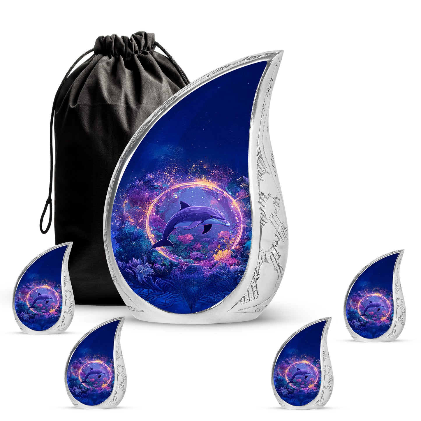 Celestial Blue Dolphin Cremation Urn side profile showing urn shape - flowing teardrop dolphin silhouette on curved aluminum - memorial set with one large and four small urns